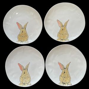 ELI & ANA Handmade Ceramics (4) White EASTER BUNNY RABBIT 11" Dinner Plates  NEW